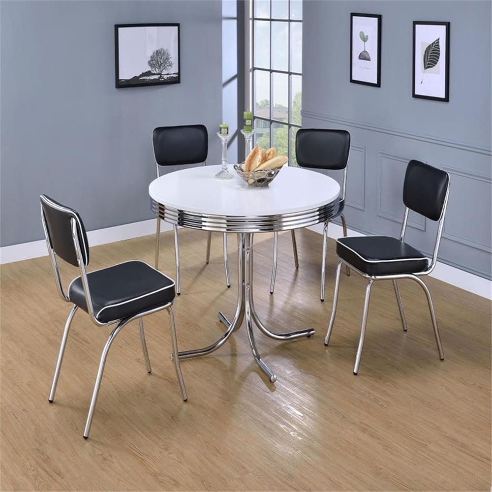 Coaster Retro Metal Legs Round Dining Table Glossy White and Chrome