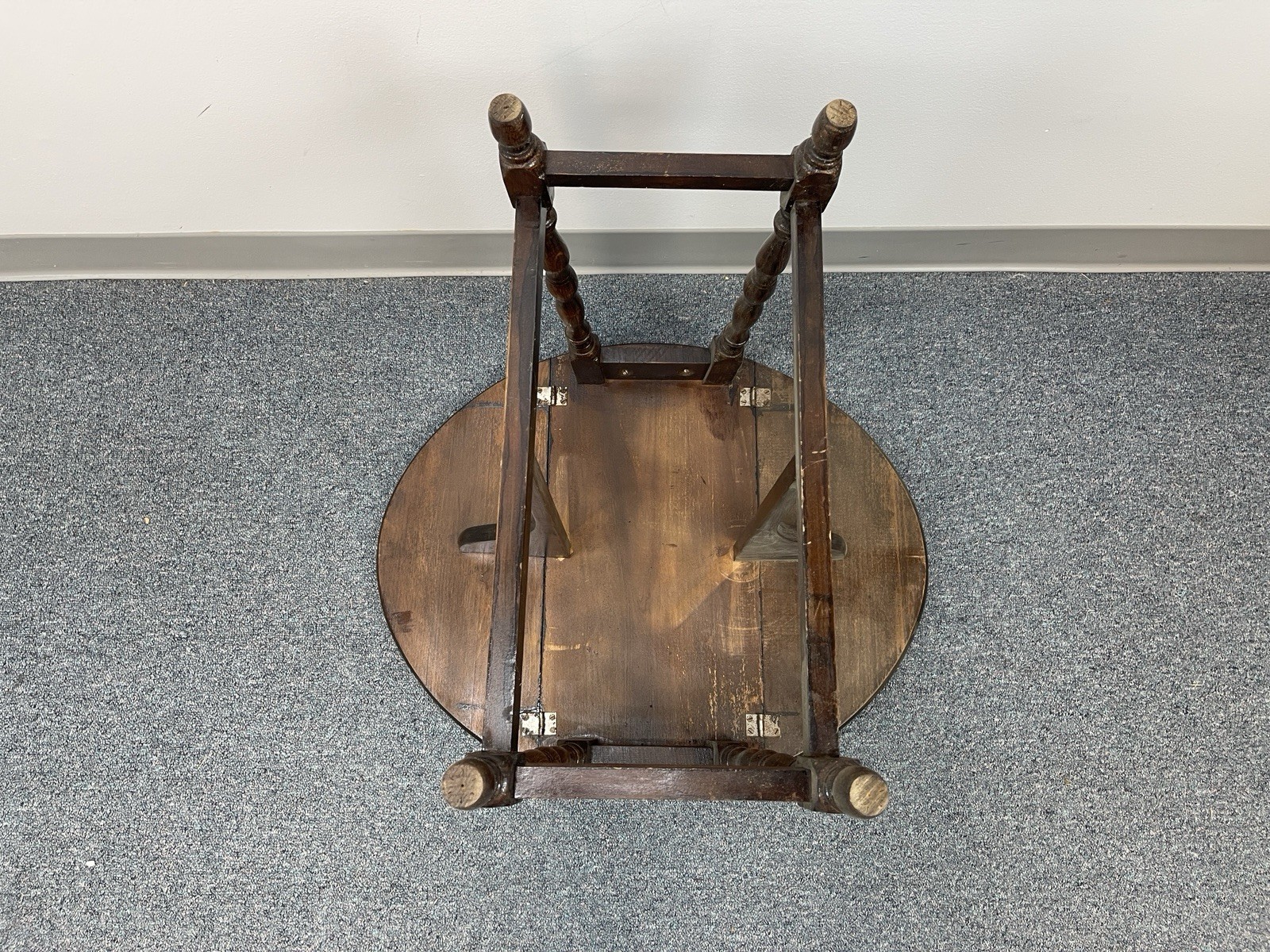vintage Wood Square to Round Table with Fold Down Wings & Spool Legs – 21.25″ hi