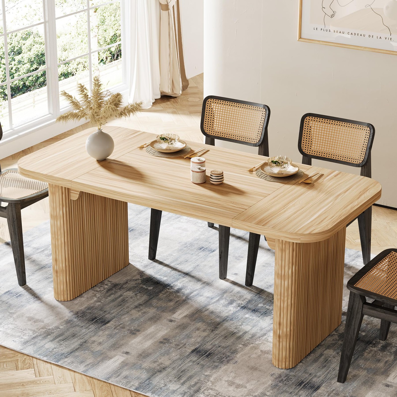 Modern Dining Table for 6 People, 62-Inch Natural Wood Kitchen Table with Dou…