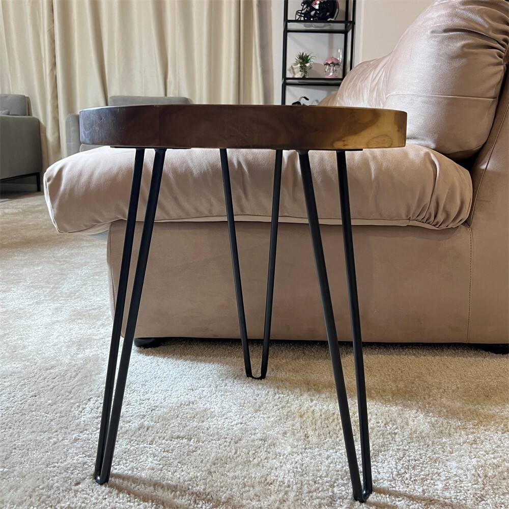 Natural Teak Wood Round End Side Table with Hairpin Legs 21″ H Home Decor