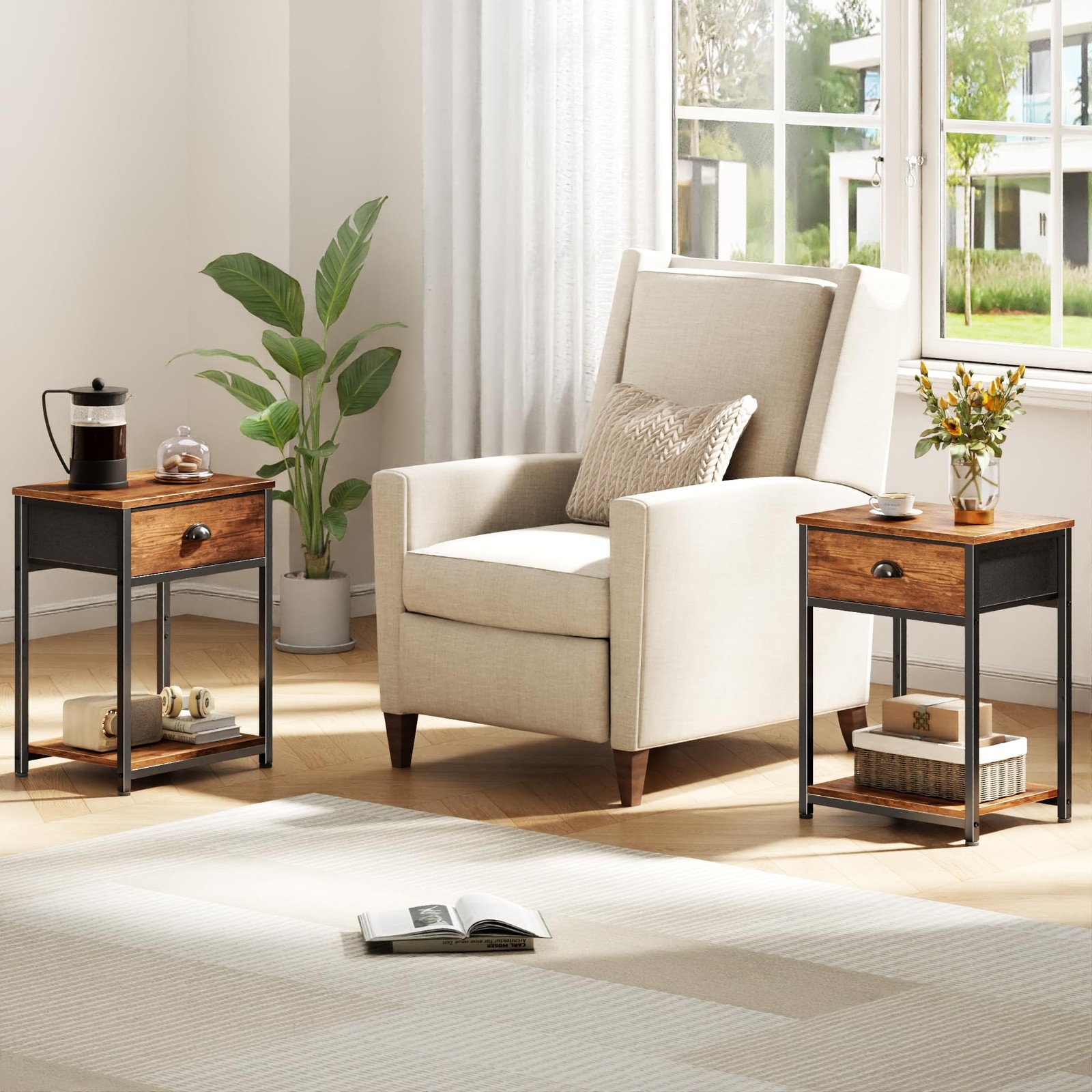 Nightstands Set of 2, Night Stand with Fabric Drawer and Storage Shelf, Retro Be