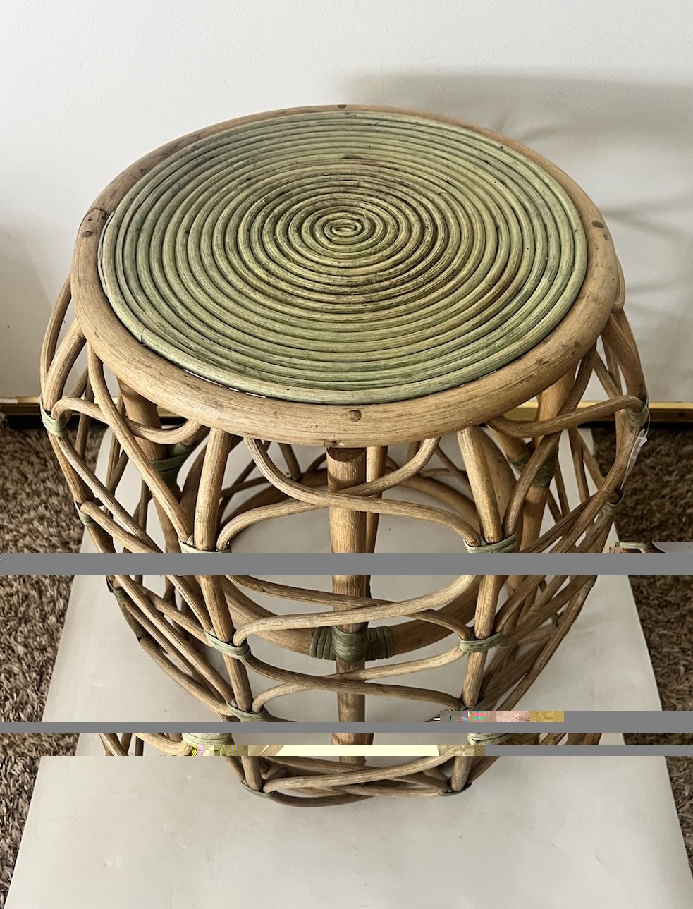 Vintage Rattan Bamboo Side Table Plant Stand Coiled Top Accent Boho Chic MCM