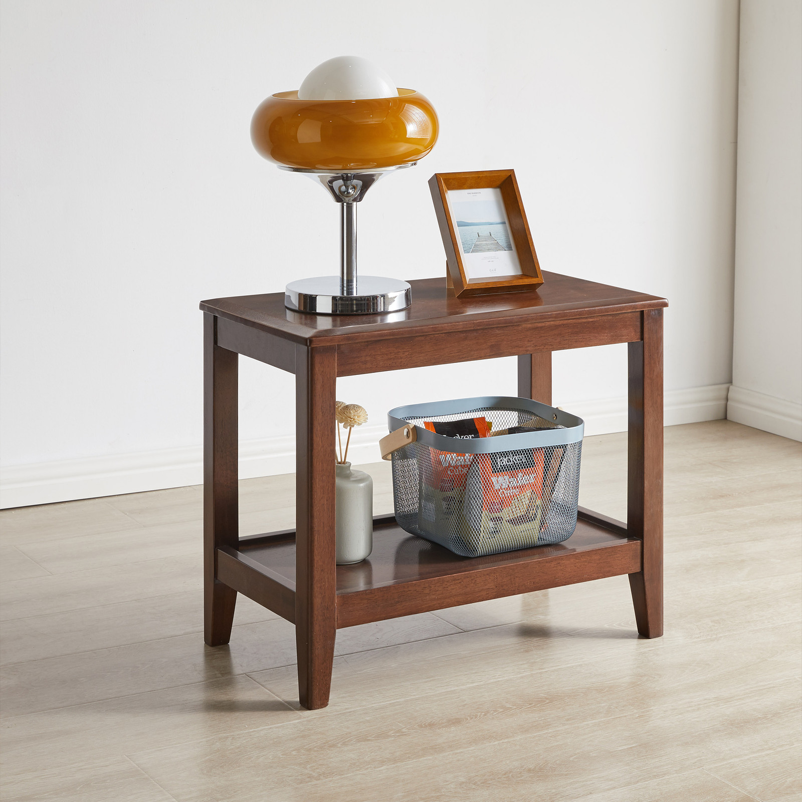 2-Tier Sofa Table End Table Shelf for Living Room Rubber Wood Indoor Plant Stand