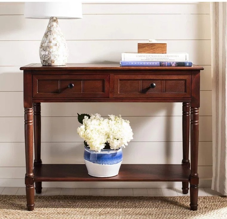 Cherry Brown Pine Wood Console Table Hallway Sofa Accent with Storage Drawers