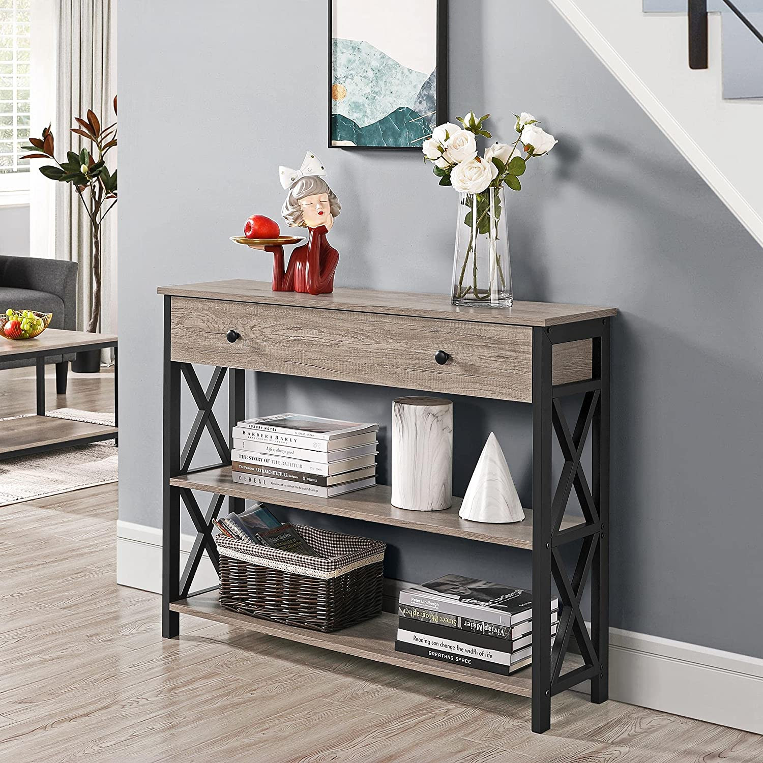 Stylish Gray Console Table with Drawer & 3-Tier Storage for Any Room