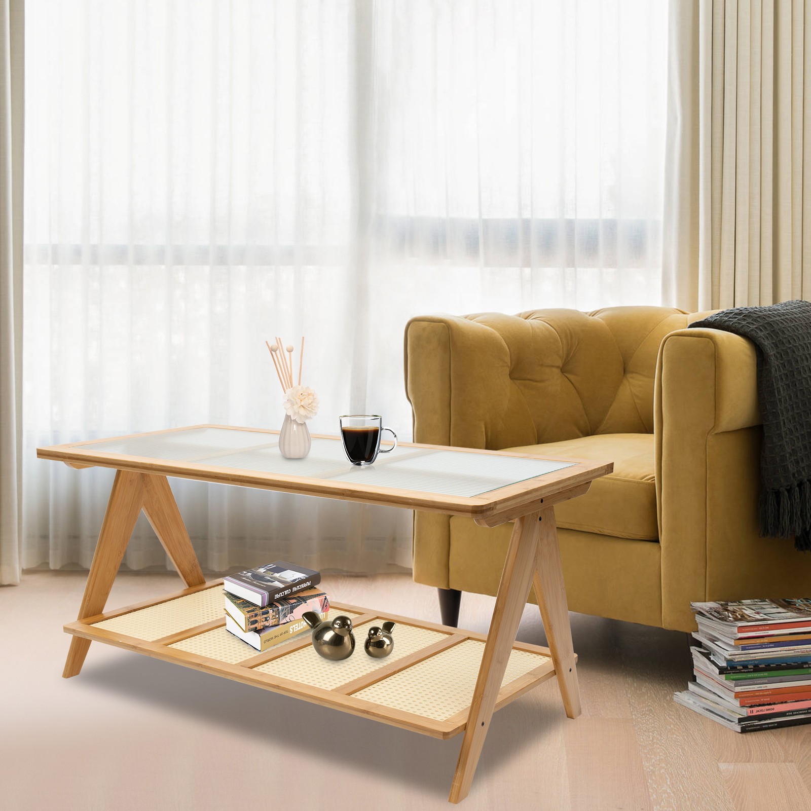 Living Room Coffee Table Glass Tabletop Modern Side Table with Lower Shelf Home