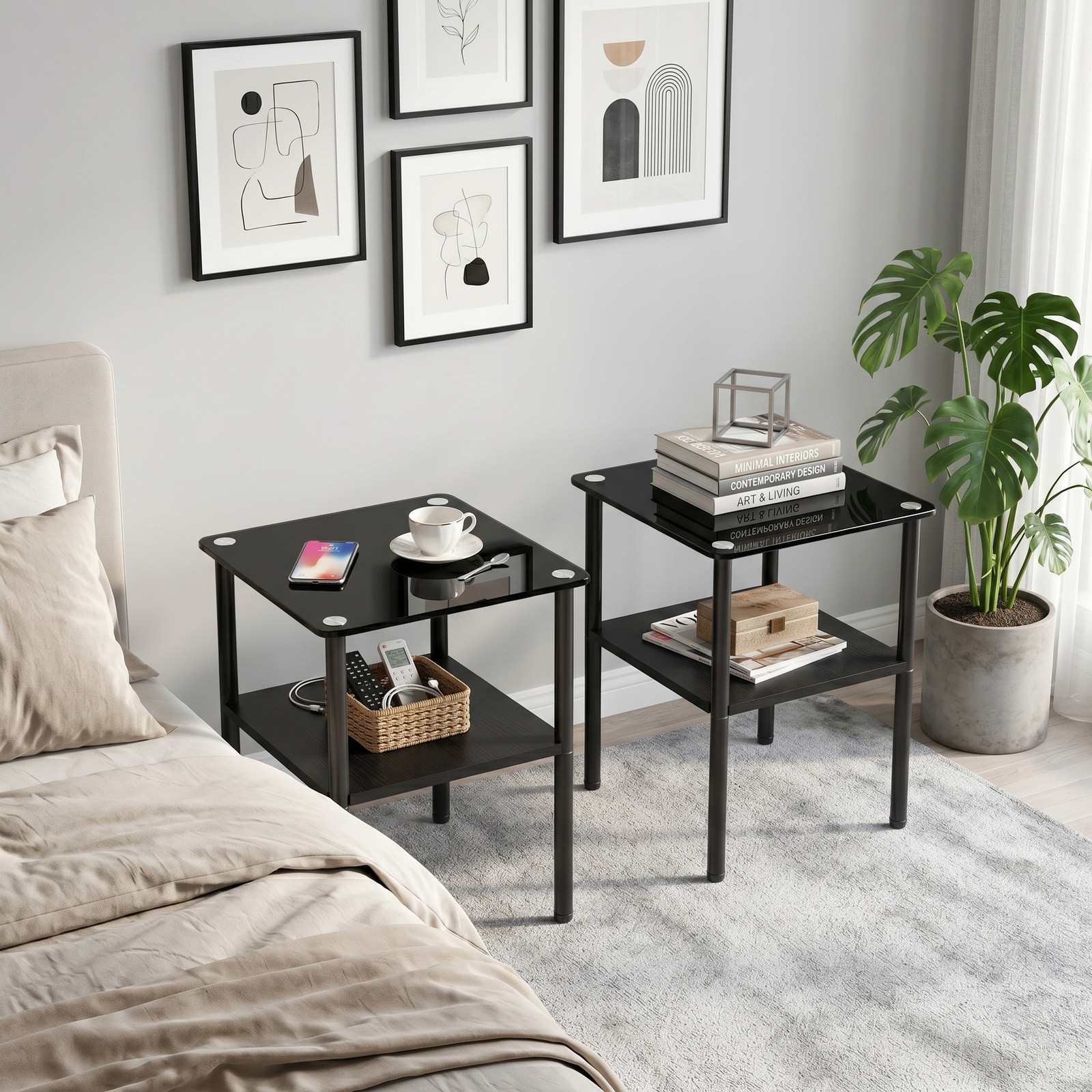 2-Piece Rectangular Glass Side Table, Tempered Glass Top, MDF Shelf, Black