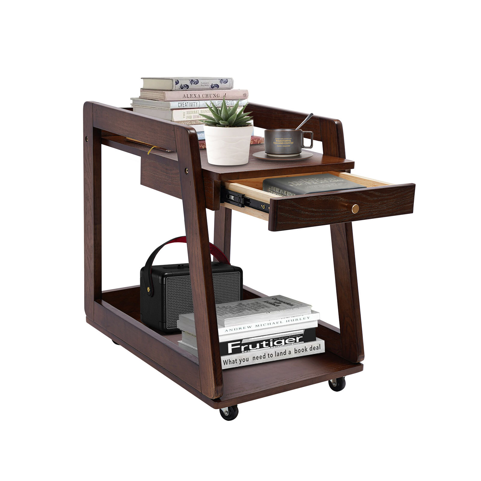 Walnut Retro Wood End Table, 2-tier Side Table, Storage Couch Table with Wheels