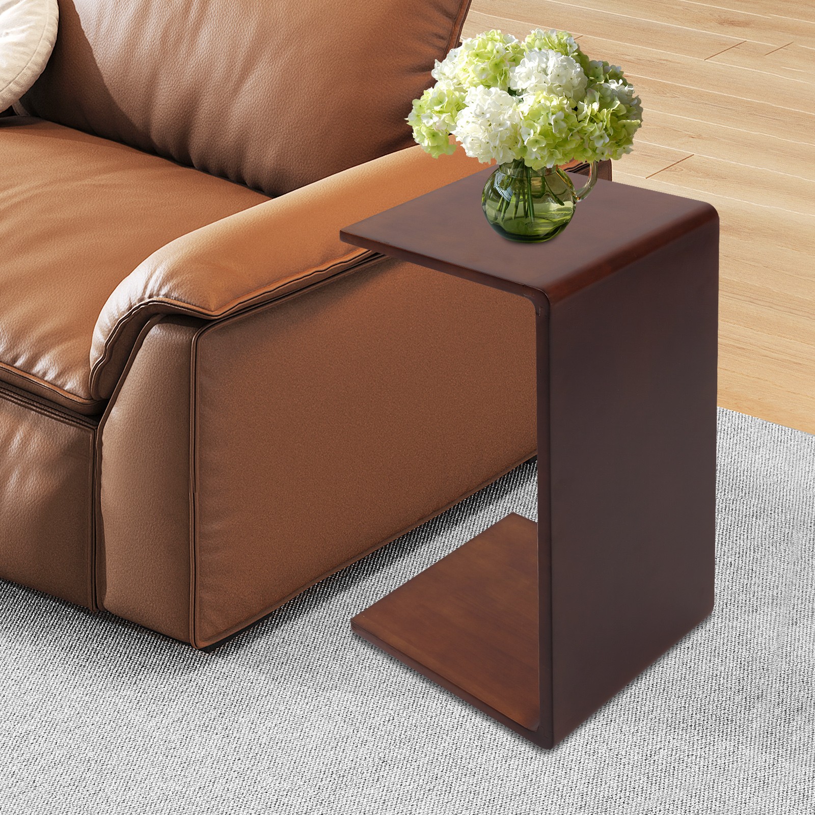 12*12*24in Free Standing Wood End Table C Shaped Sofa Side Table Walnut Brown