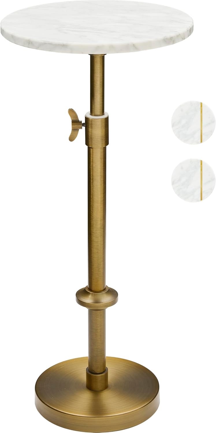 Adjustable-Height Marble Drink Table -10x10x22-30, White Marble & Antique Brass