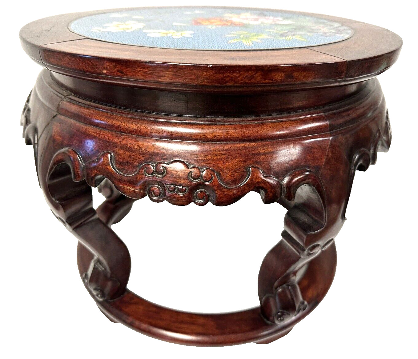 Small Chinese Cloisonné Floral Inlay Top & Carved Wood Round Pedestal Table