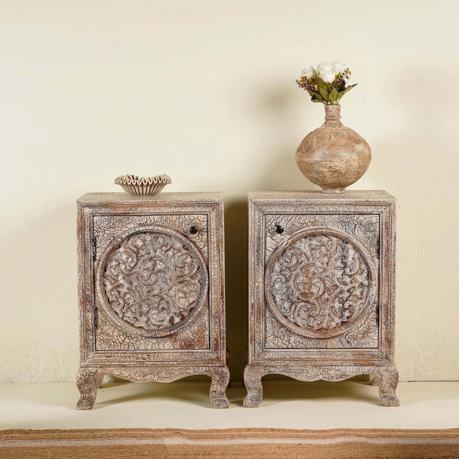 Artisan Handmade Bedside Table Solid Wood Hand Carved 17.7 × 13.8 × 27.6 inches