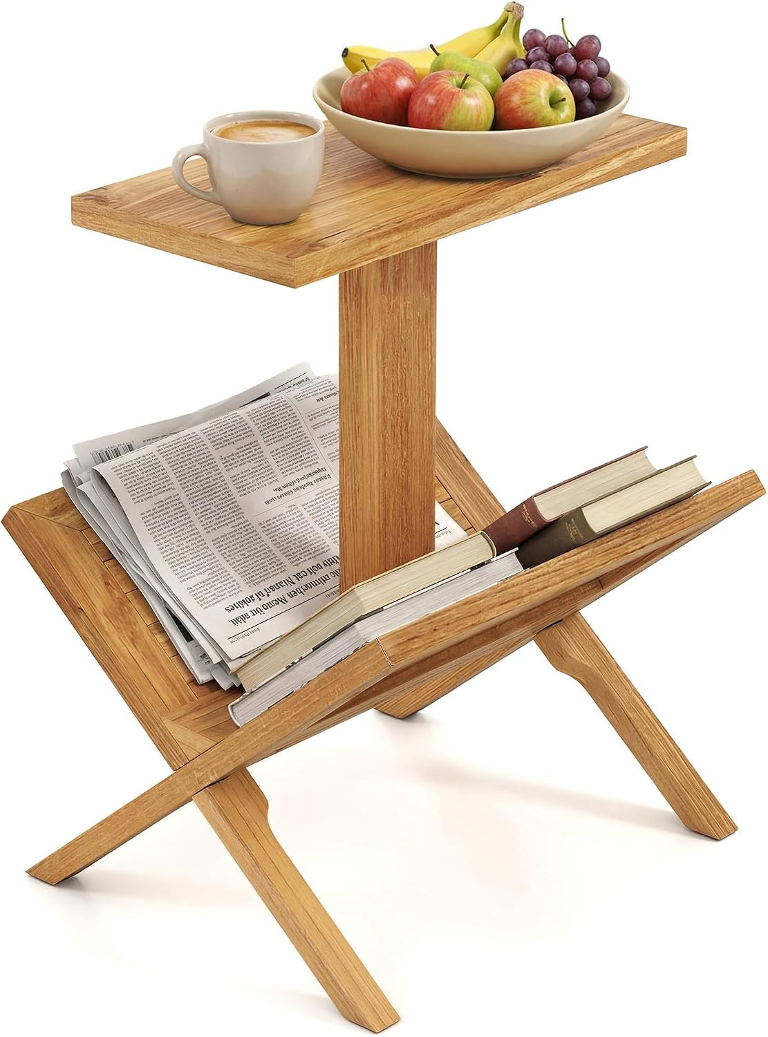 Teak Wood Side Table 2-Tier End Table with Magazine Rack, Anti-Slip Foot Pads, W