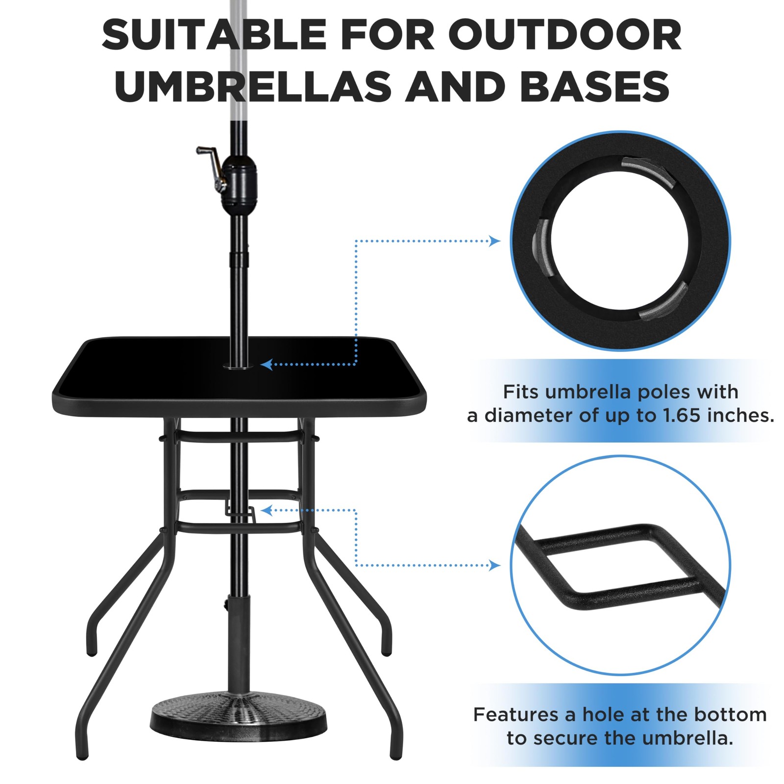 Outdoor Bistro Table with Umbrella Hole, 28in Patio Square Dining Table, Black