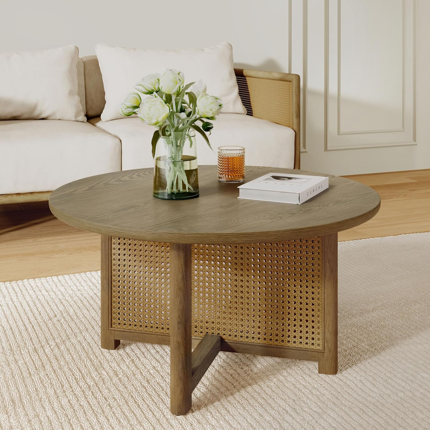 Stylish 32-Inch Round Rattan Coffee Table with Solid Wood Frame for Any Room