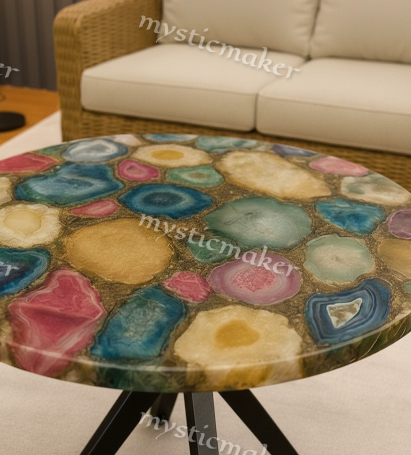 18″ Agate Stone Coffee Table Top Multi Color Resin Inlay Handmade Home Decor Art