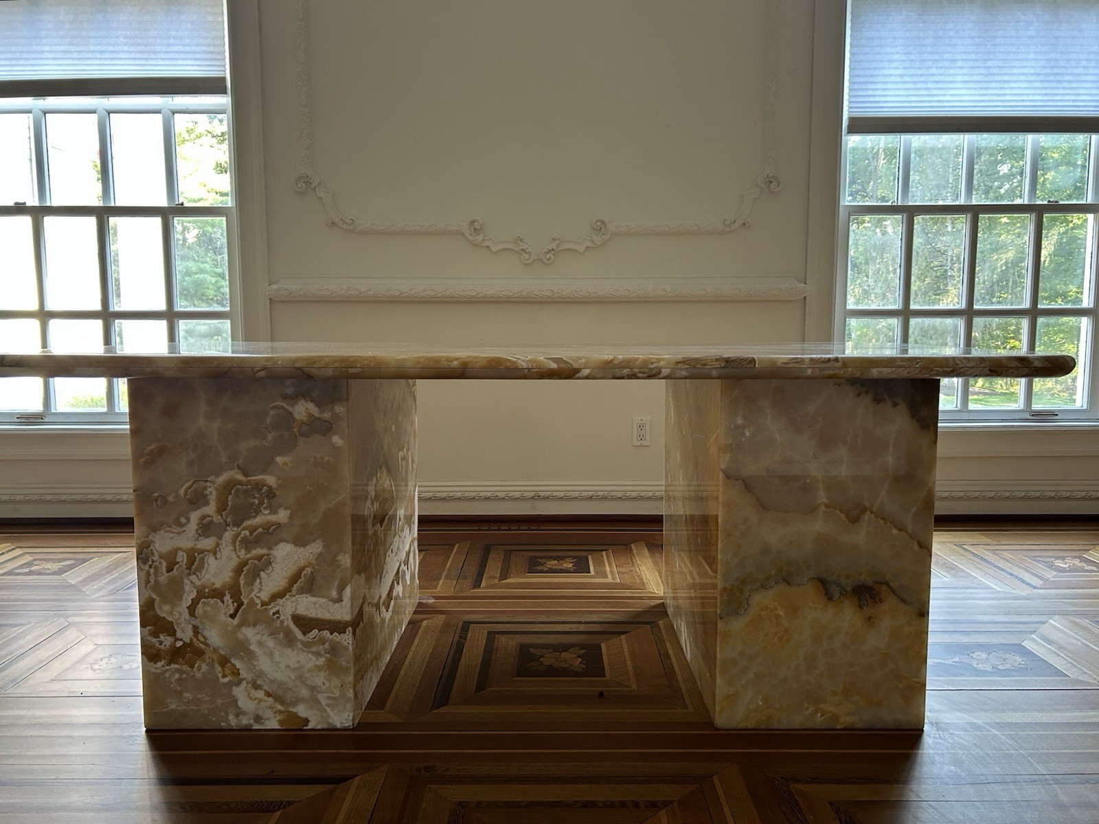 Rectangular Stone Coffee Table 80x40x29 Glossy Brown/Beige Dual Pedestal