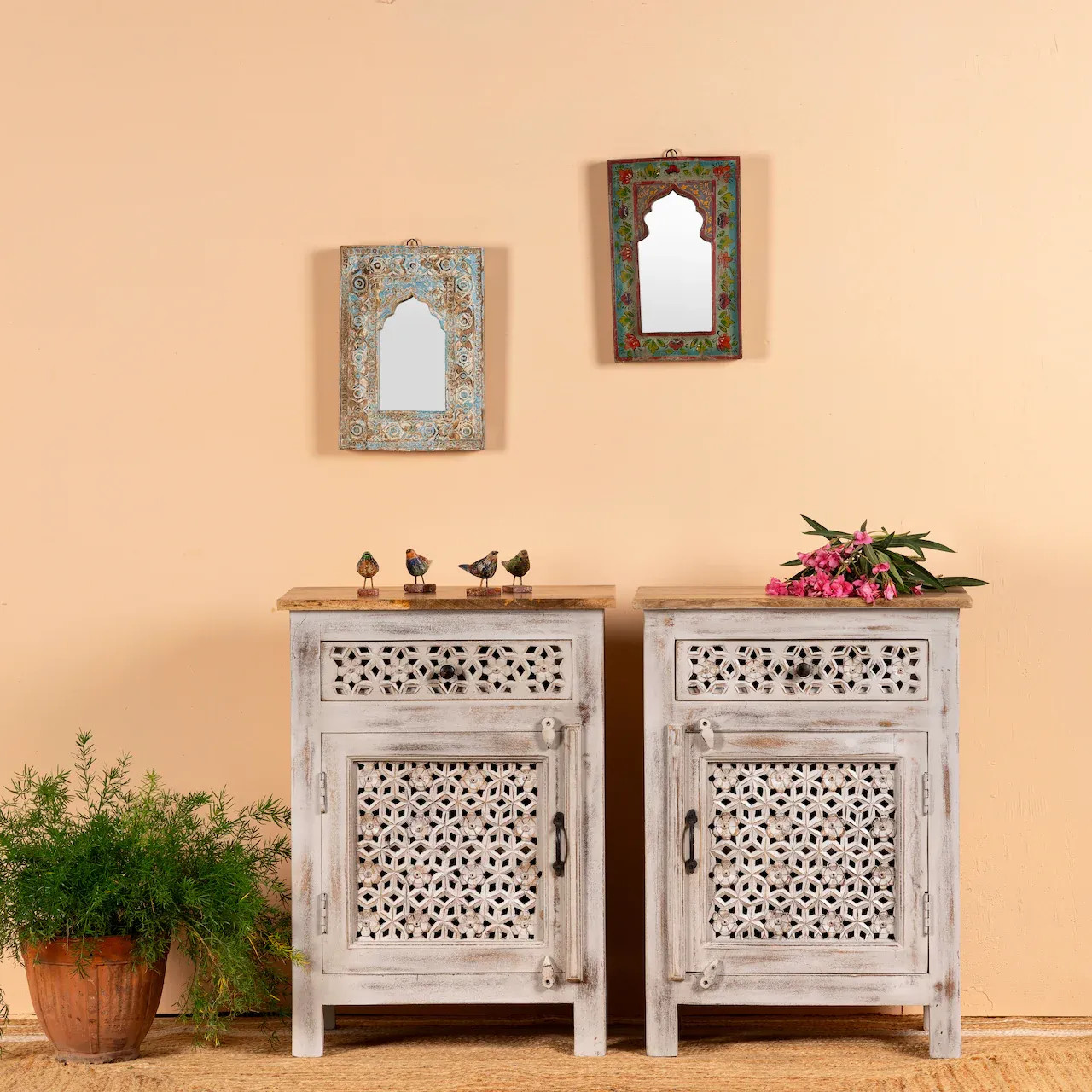 Artisan Handmade Bedside Table Solid Wood Hand Carved 22 × 13.8 × 29.9 inches
