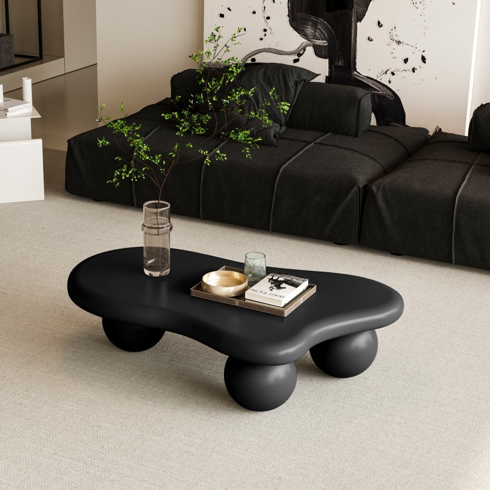 35″ Cloud Coffee Table, Petal-Shaped, Black Top White Legs, Spherical Base