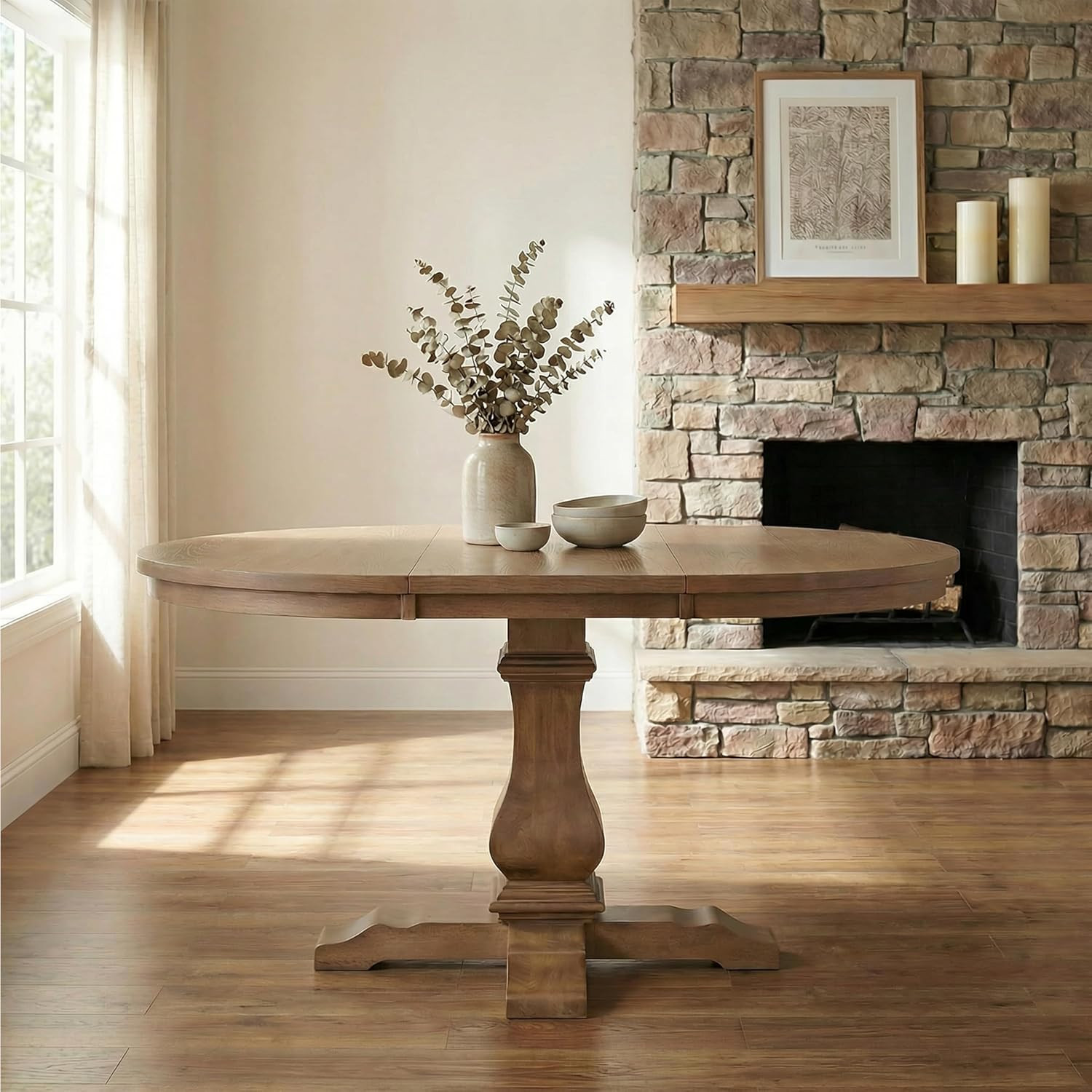 Rustic Expandable Pedestal Dining Table, 39″-57″, Farmhouse Style, Walnut
