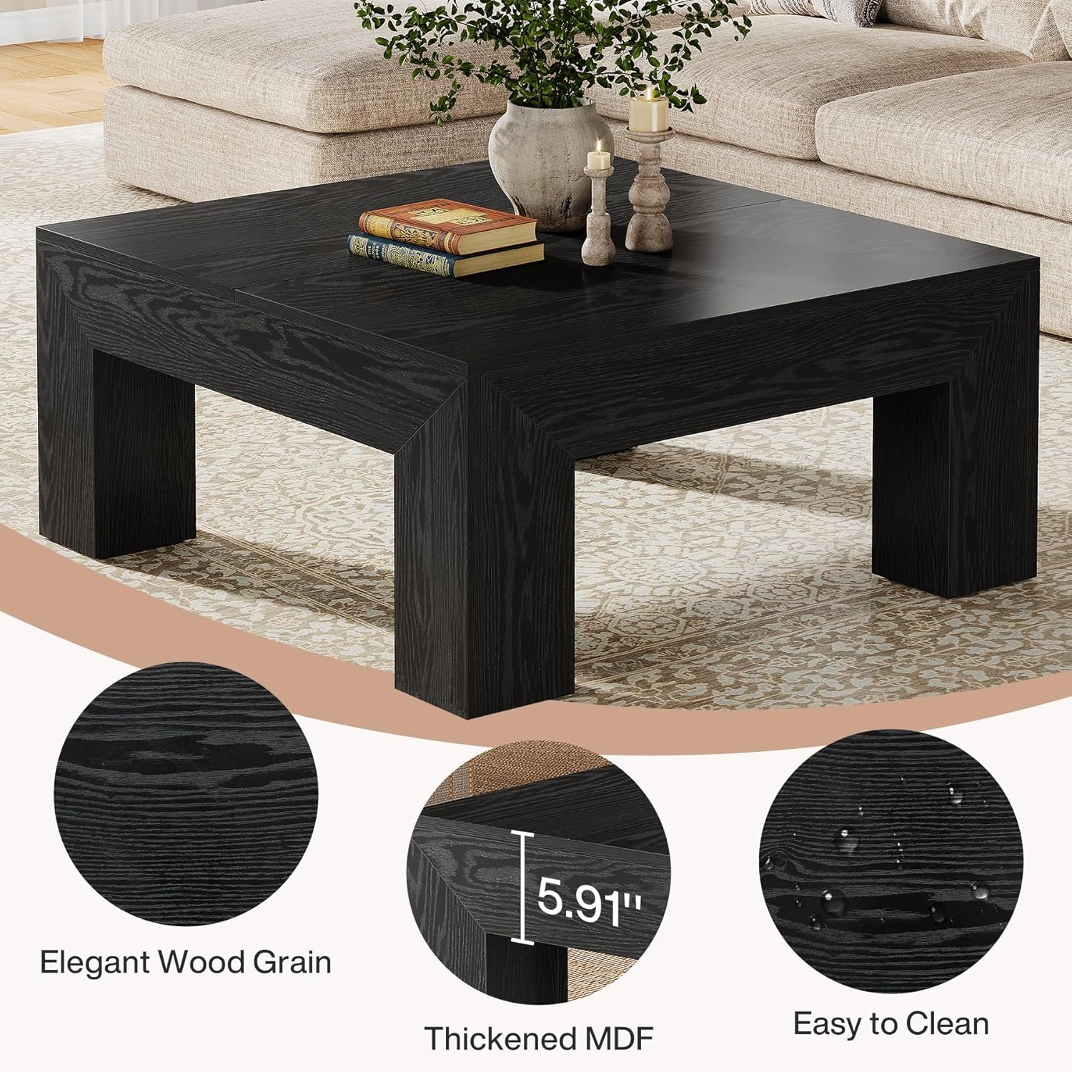 39.4-Inch Black Square Coffee Table Modern Center Cocktail Table for Living Room