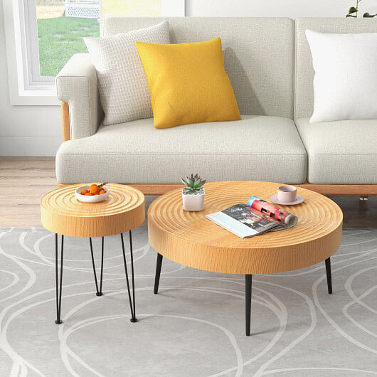 Set of 2 Solid Wood Farmhouse Round Coffee Tables-Natural – Color: Natural