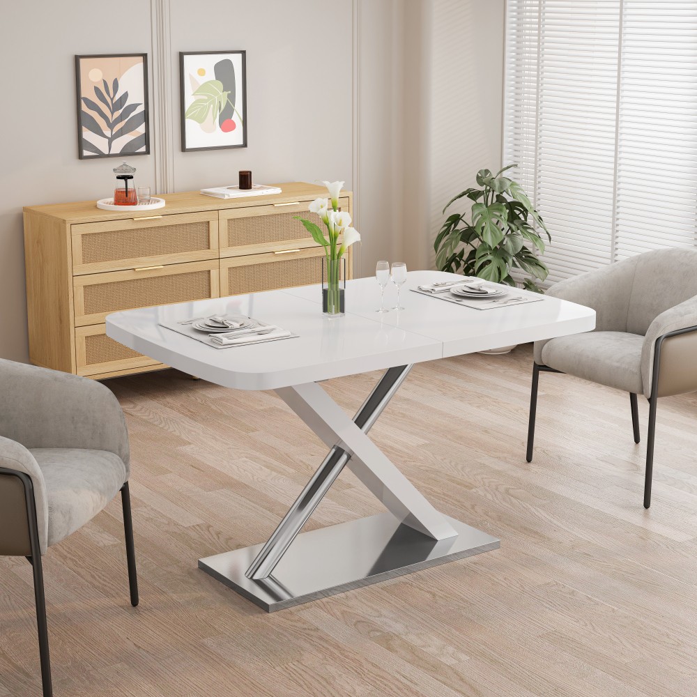 47.25”-63”Modern White Glossy Dining Tablefor4-6People Extendable Dining Table