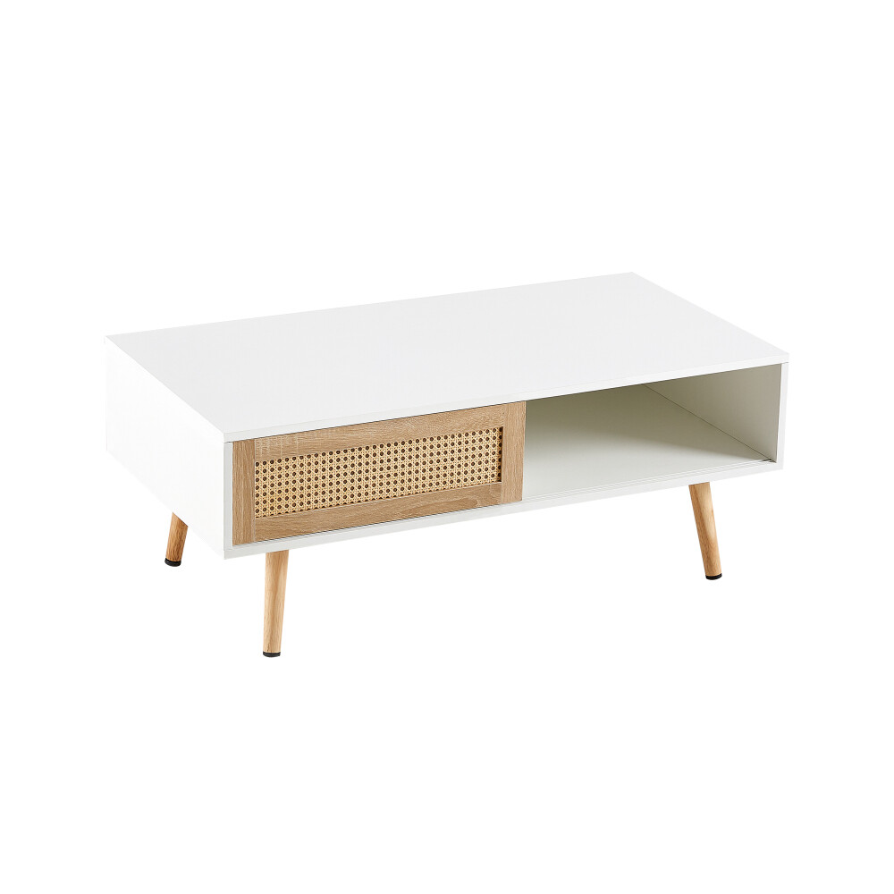 White Rattan Coffee Table with Sliding Doors – Perfect for Living Room
