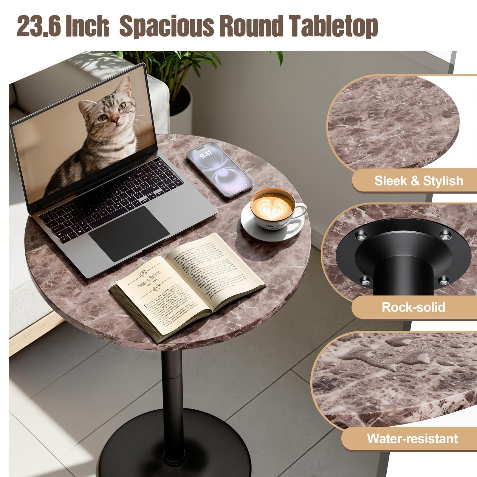 Bistro Pub Table Round Bar Height Faux Marble 40.6 Inch Metal Base MDF Top