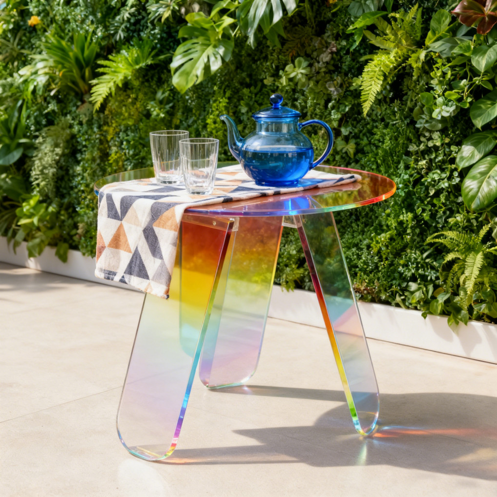 Acrylic End Table with PVC Table Cover Round Iridescent Rainbow Sofa Side Table