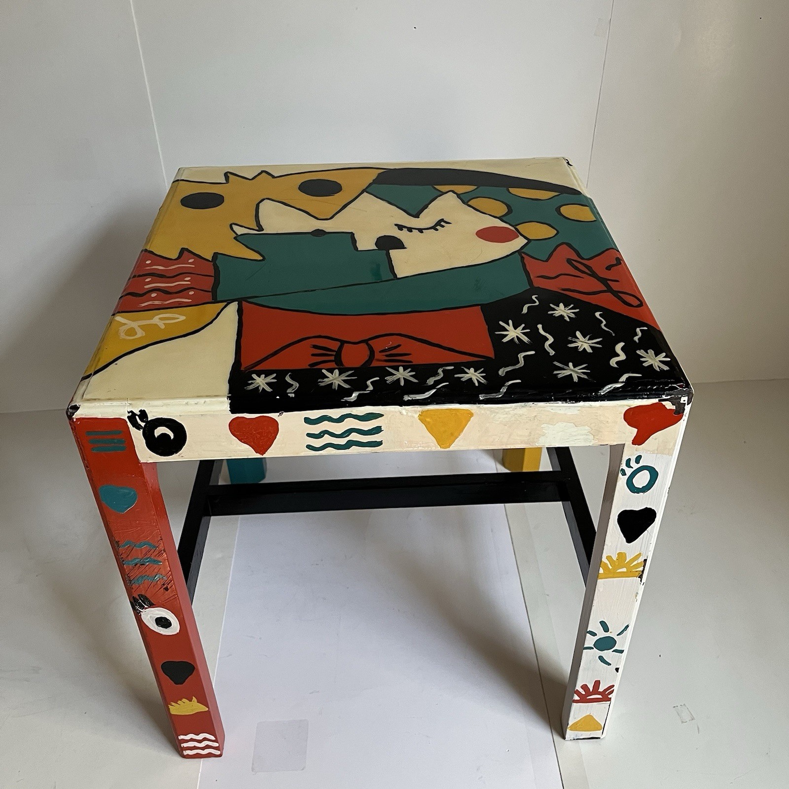 Hand-Painted Colorful Folk Art Design Side Table End Table Decor