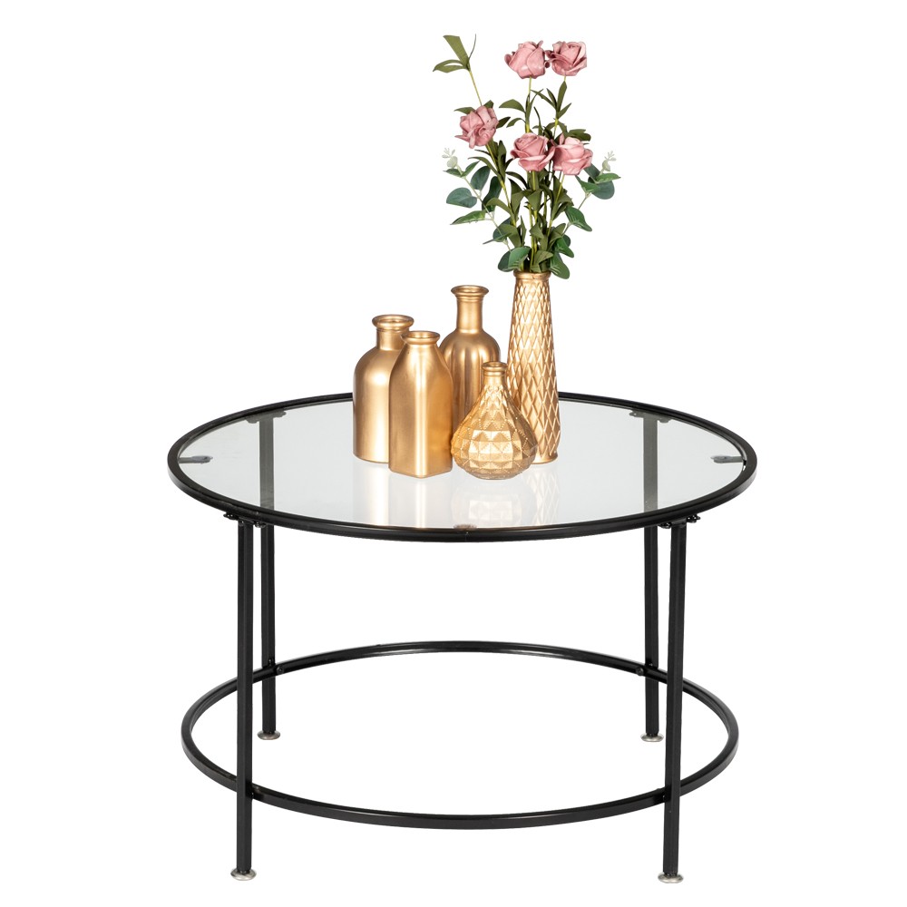 2 Layers 5mm Thick Tempered Glass Countertops Round Wrought Iron Coffee Table