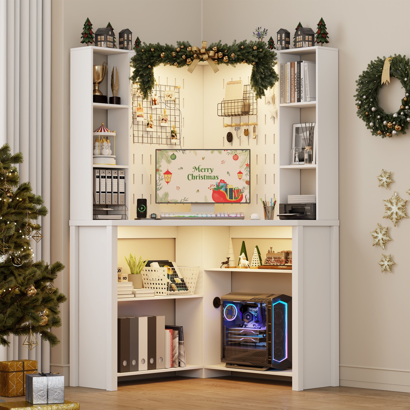 Home Office Desk with Power Outlet, L-Shaped Corner Desk with Pull-Out LED Light