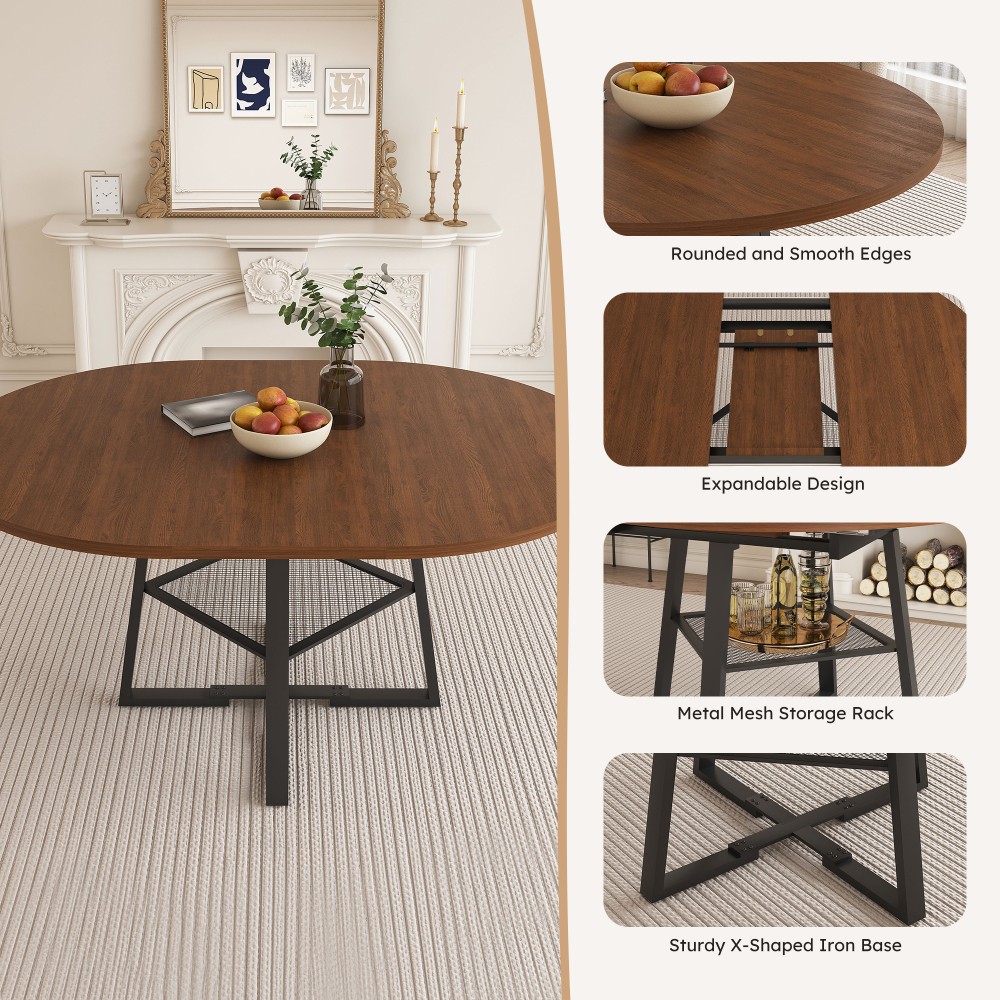Round Dining Table with Storage Function Extendable with Metal Frame