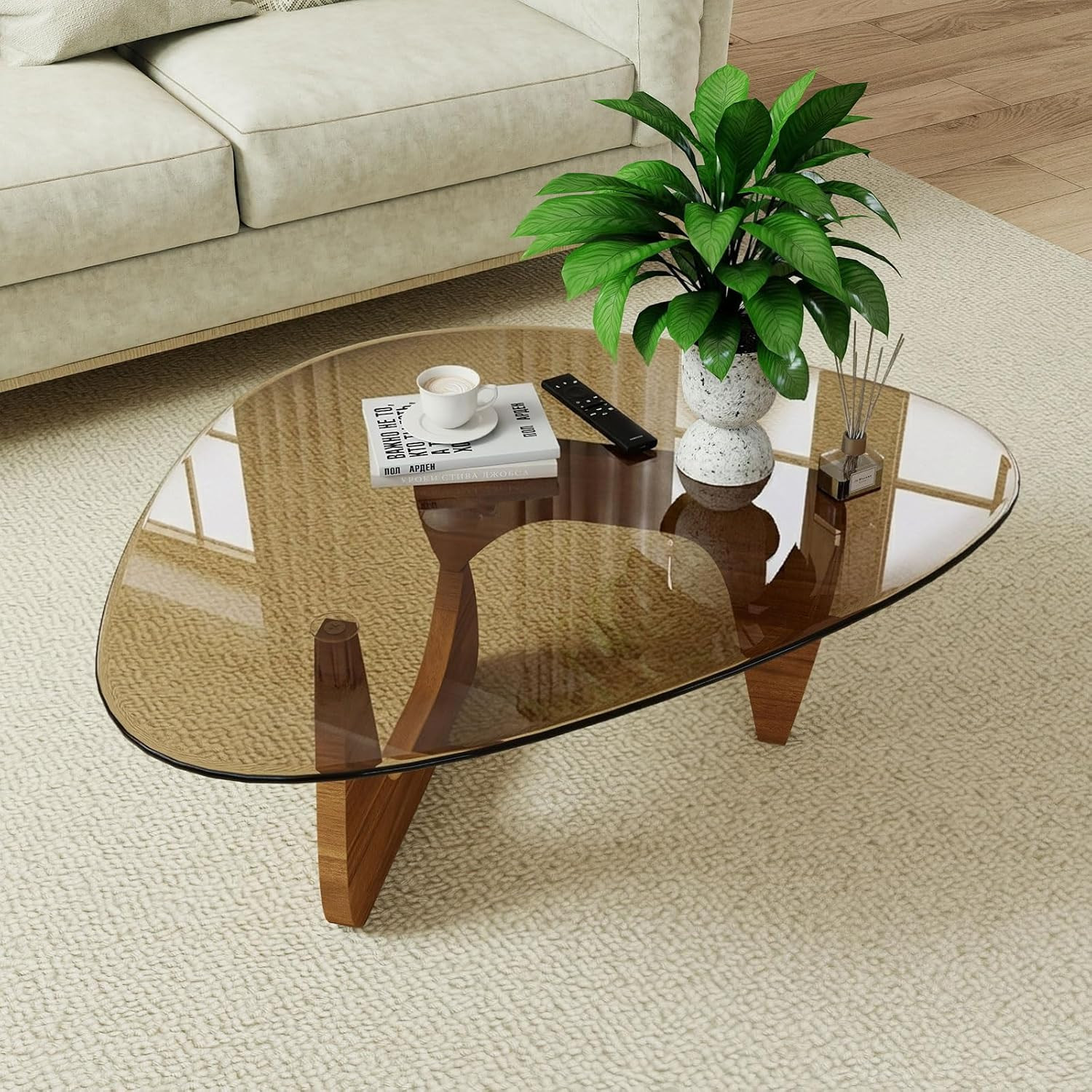 Unique Modern Coffee Table with Amber Glass Top – Irregular Accent Table