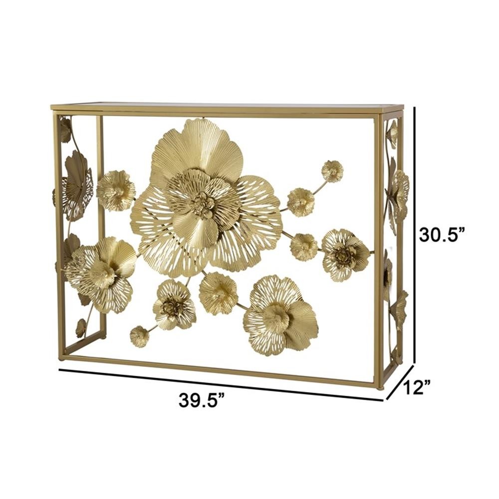 Pemberly Row 39″ Iron Console Table with Mirrored Top and Floral Design in Gold