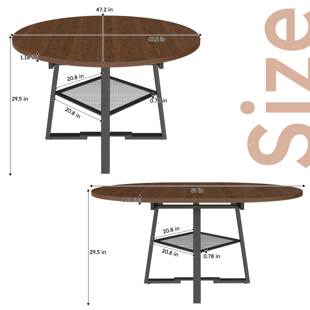 Round Dining Table with Storage Function Extendable with Metal Frame