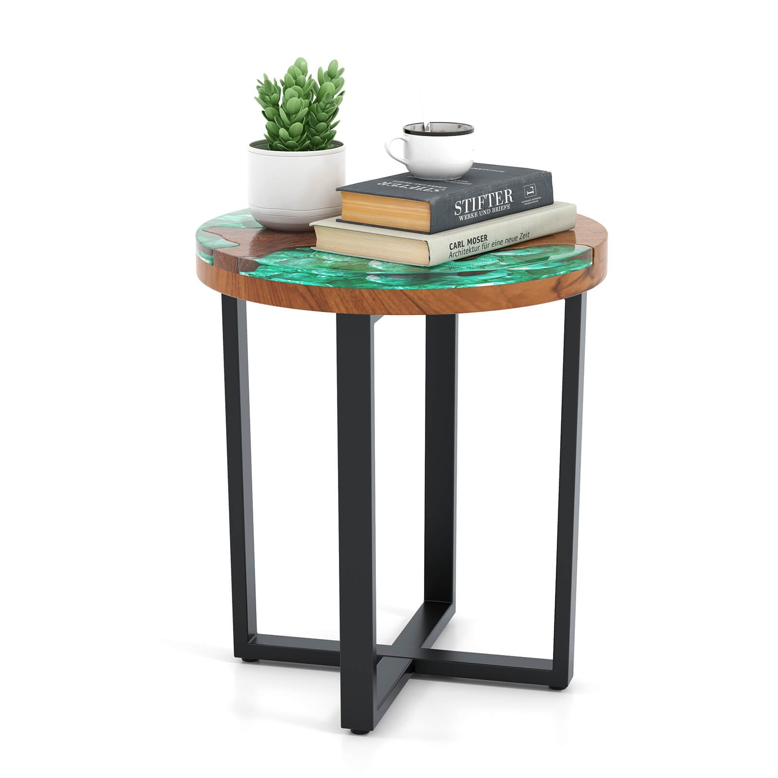 20″ Round Teak Wood End Table Solid Live Edge Outdoor Side Table w/Mahogany Base