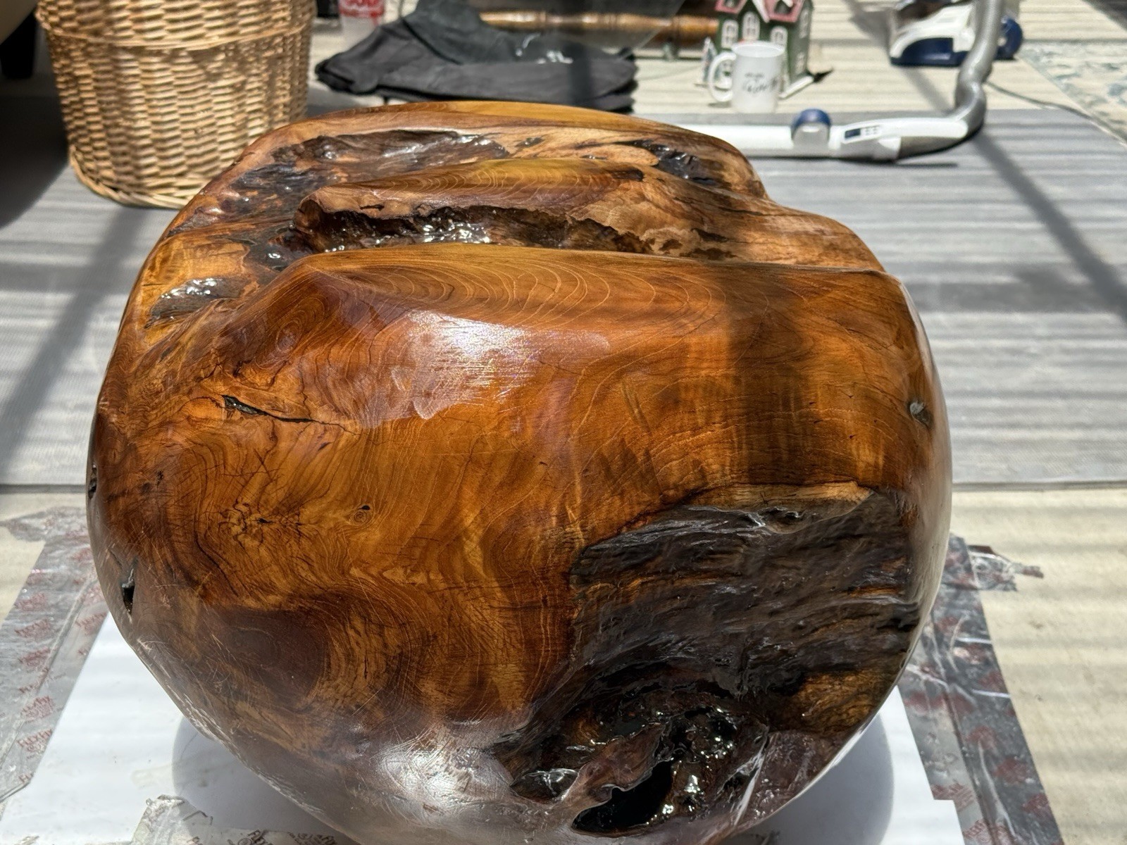 Teak Burl Epoxy Glass Top Side Table Handmade Floating Base Modern 22.5”H