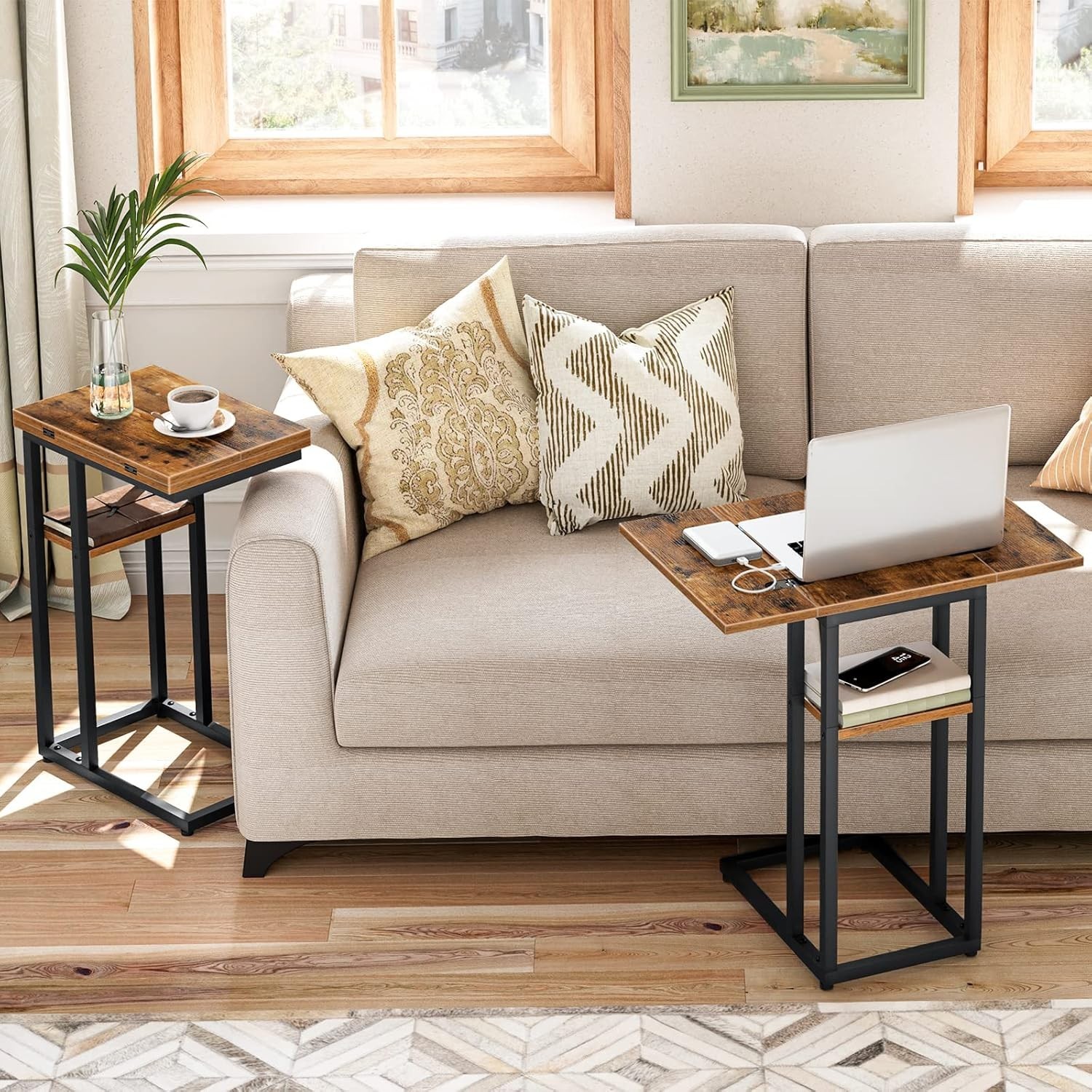 Foldable C Shaped End Table, C Shaped Side Table with Storage Shelf, Small Sn…