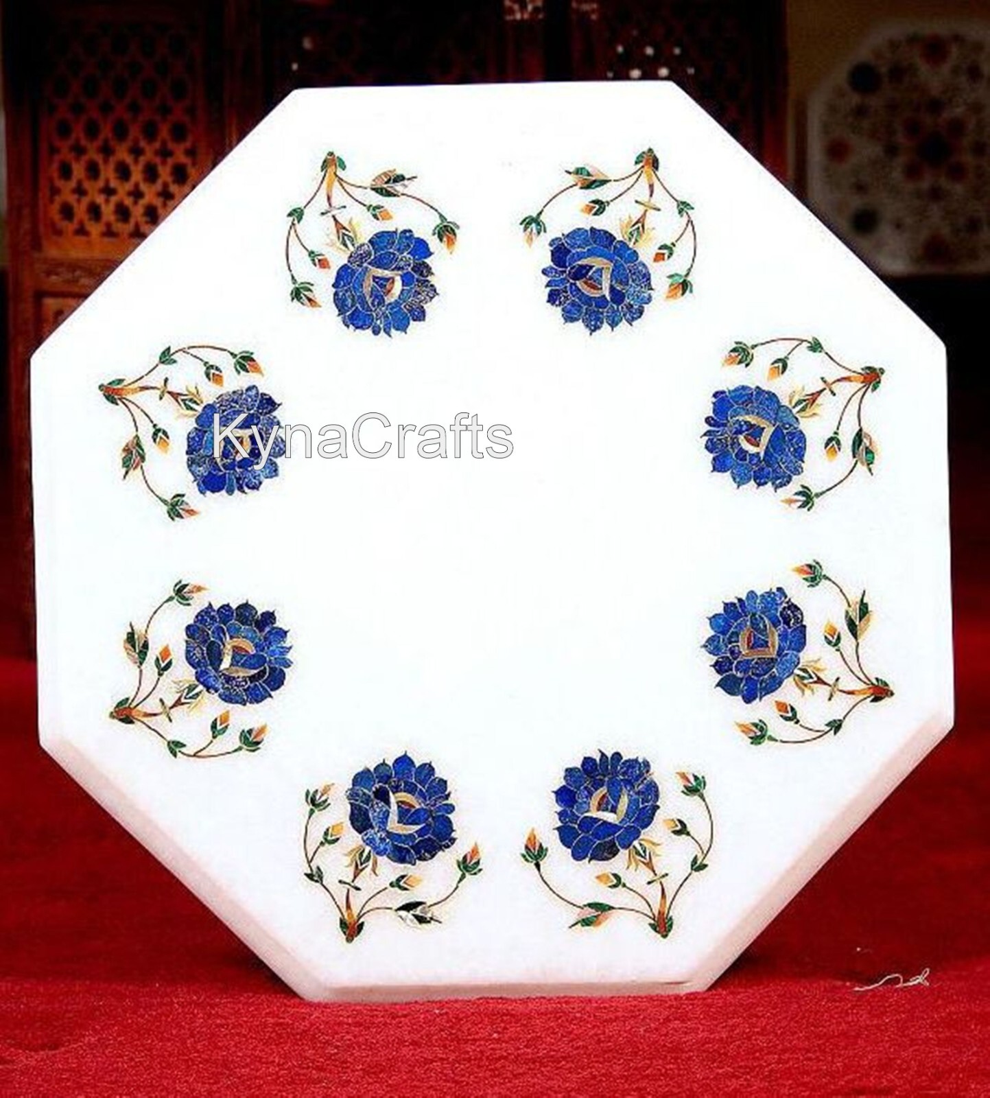 Lapis Lazuli Stone Inlay Work Coffee Table Top White Marble End Table for Office