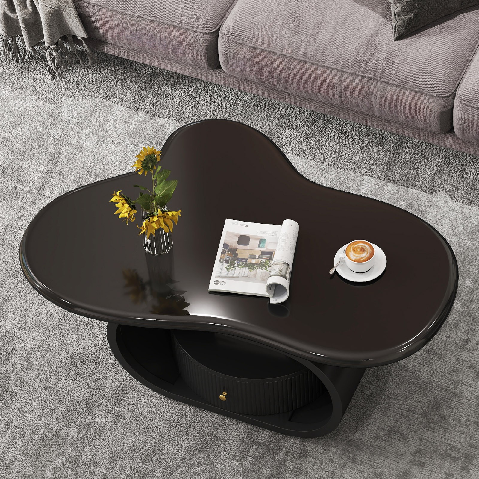 Modern 39″ Black Coffee Table Cloud Center Table MDF Metal w/ Drawer Living Room