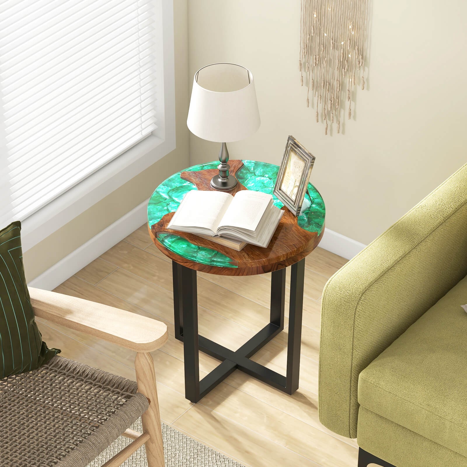 20″ Round Teak Wood End Table Solid Live Edge Outdoor Side Table w/Mahogany Base