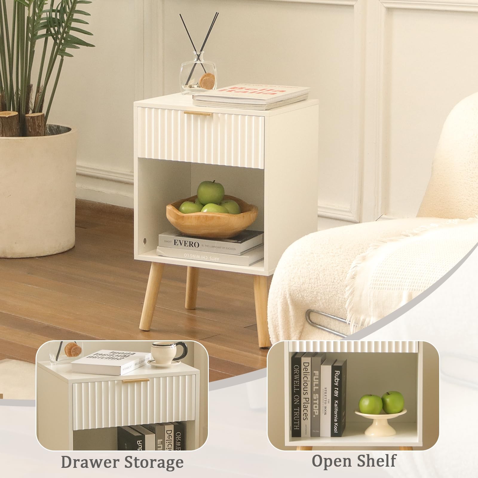White Nightstand, Modern Bedside Table with Drawer and Open Storage, Fluted E…