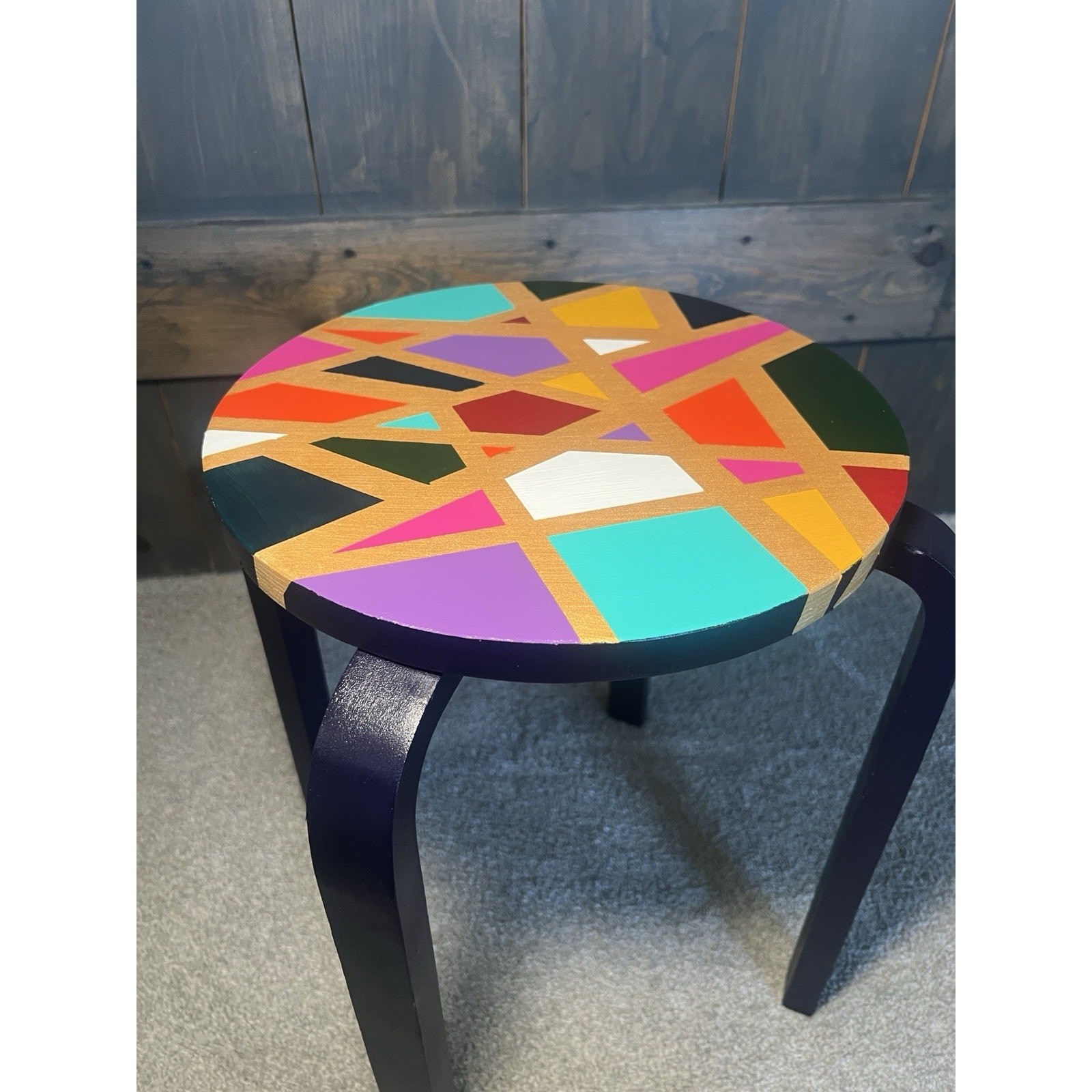 Hand-Painted Side Table Unique Colorful Navy Blue Legs Gold Geometric Boho