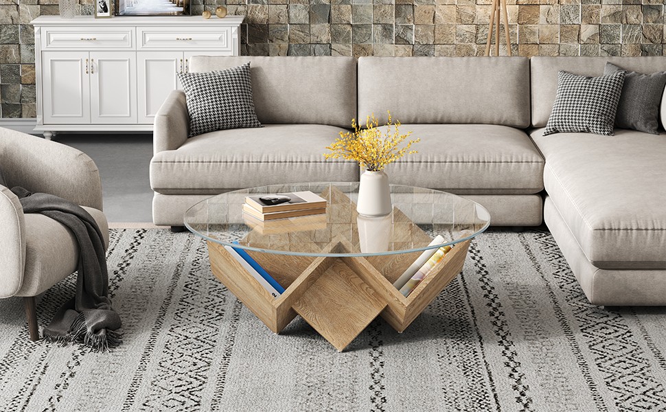 Modern Round Coffee Table with Tempered Glass Top and Geometric Art Deco Storage