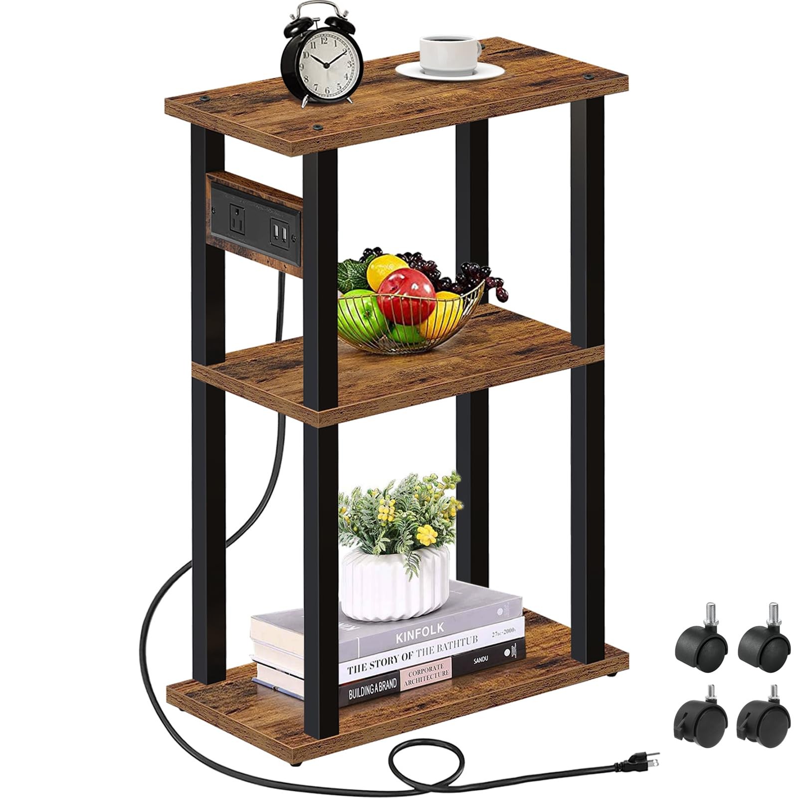 TUTOTAK Small Narrow Side Table with Charging Station, Skinny End 1 PC, Brown