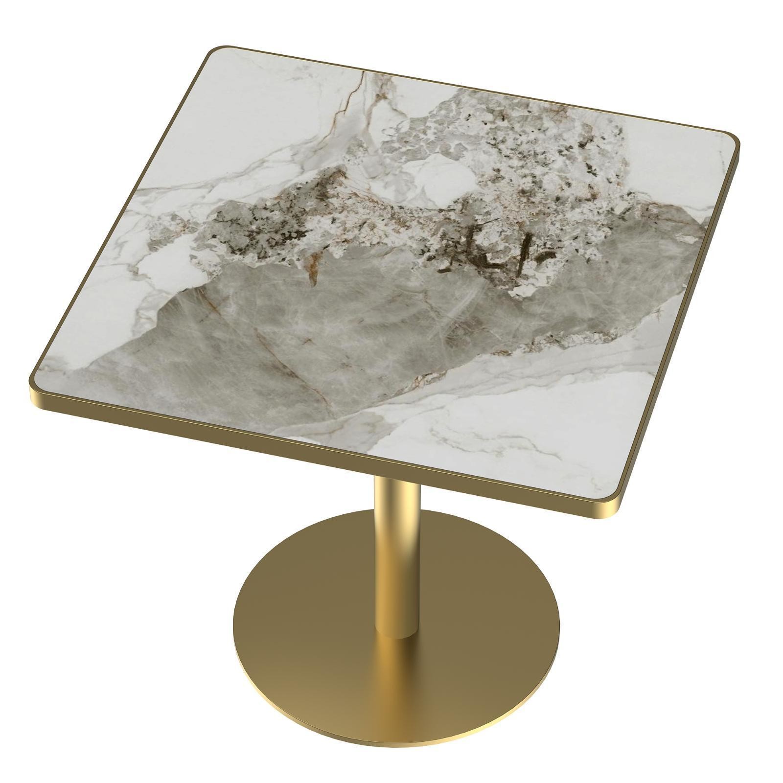 Sleek Square Dining Table 31.5” – Glossy Snow Mountain Stone, Sturdy Gold