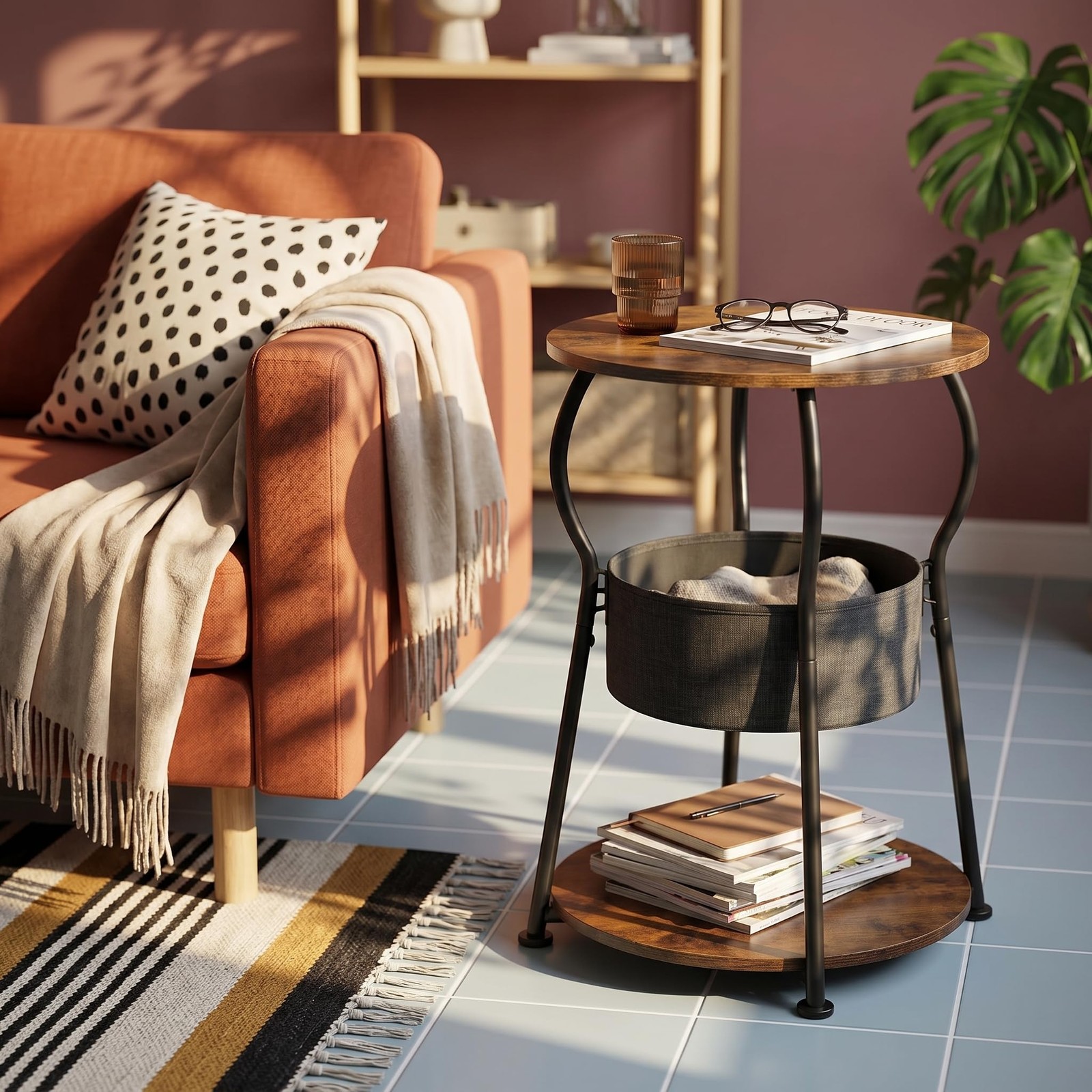 Small Round Side Table, Rustic Brown, 15.8″ D x 21.6″ H
