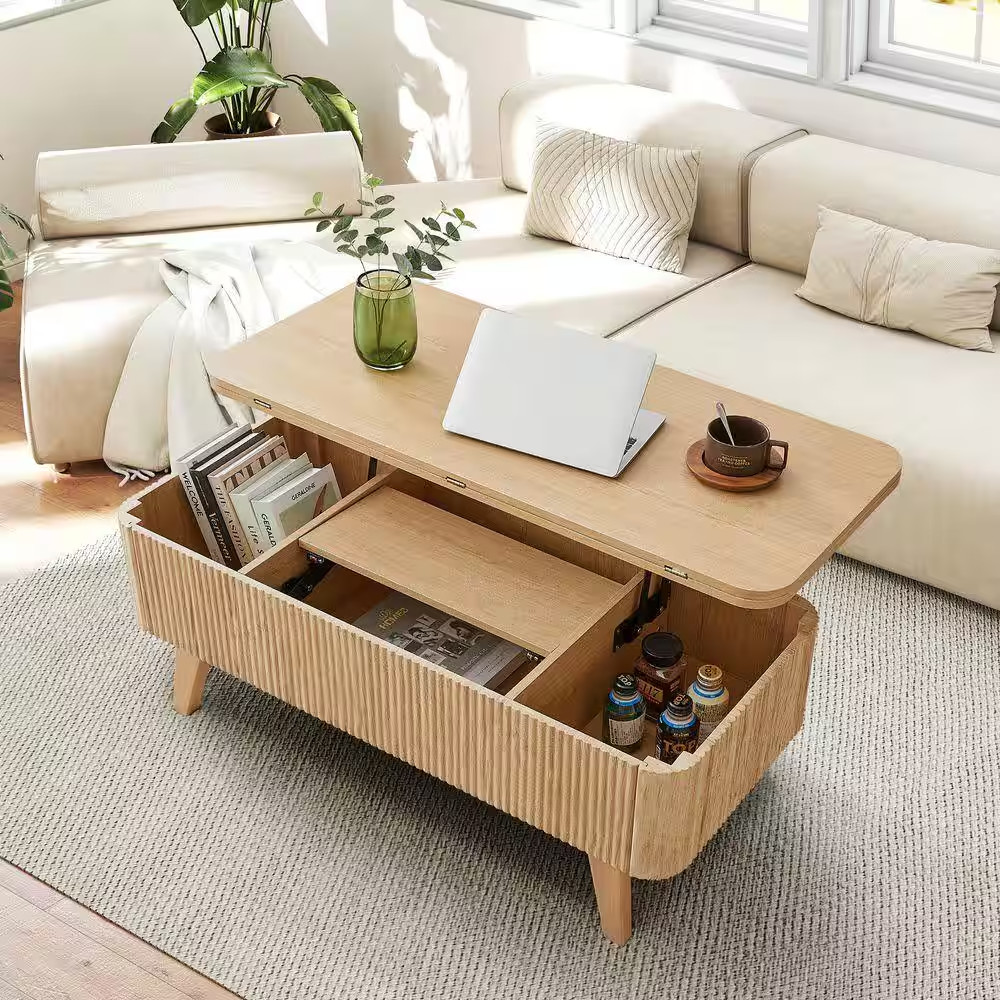 42. 91In. L Natural Oval MDF Coffee Table with Built-In Small Panel and Folding